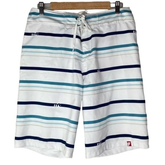 TYR mens board shorts Sam trunks size 32 white blue striped - Picture 1 of 8